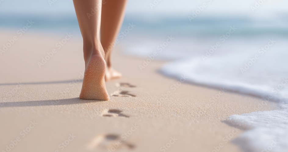 Feet walking along a sandy beach — a quiet moment of reflection and connection with nature.