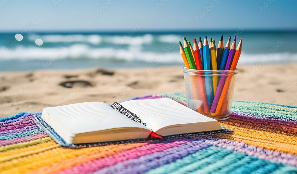 Travel journal and colored pencils on a vibrant mat at the beach — a peaceful moment of creativity and reflection by the sea.