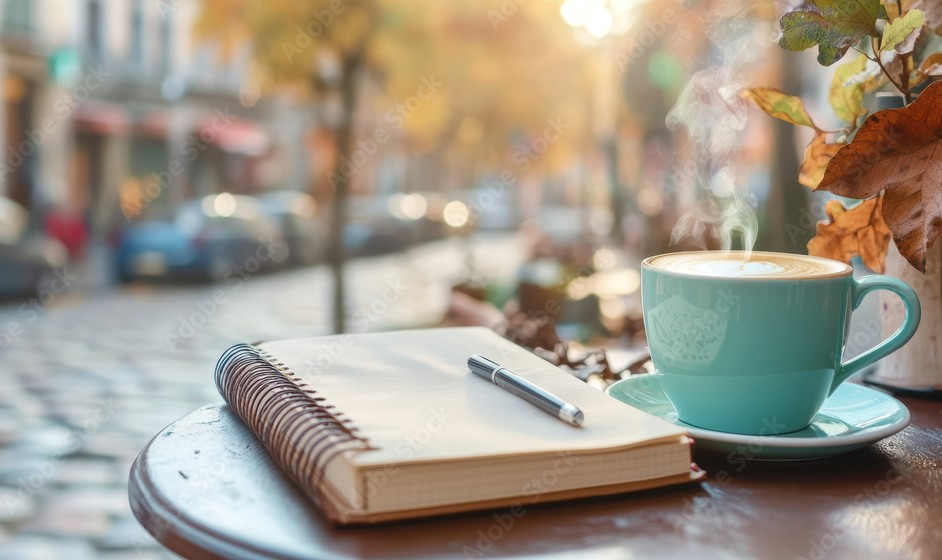 Journal and coffee at a small outdoor cafe overlooking the quaint town.