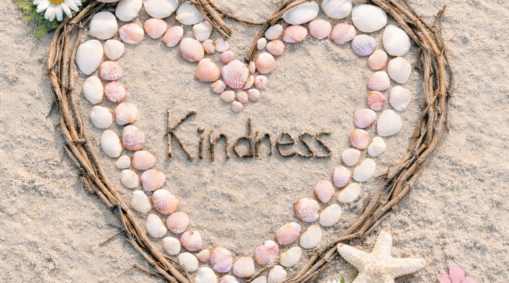 Close-up of a heart created from scallop shells of varying sizes, surrounded by driftwood, grapevine, and wildflowers, arranged on sandy beach.