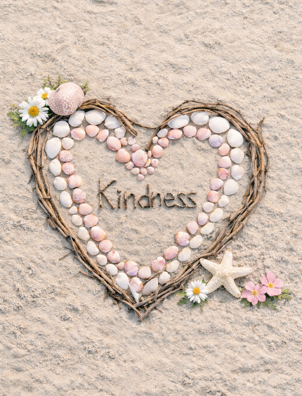 Close-up of a heart created from scallop shells of varying sizes, surrounded by driftwood, grapevine, and wildflowers, arranged on sandy beach.